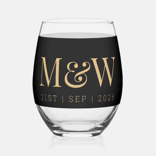Monogram Paar's Modern Goud Zwart Bruiloft Wijnglas Zonder Voet (Voorkant)