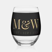 Monogram Paar's Modern Goud Zwart Bruiloft Wijnglas Zonder Voet (Achterkant)