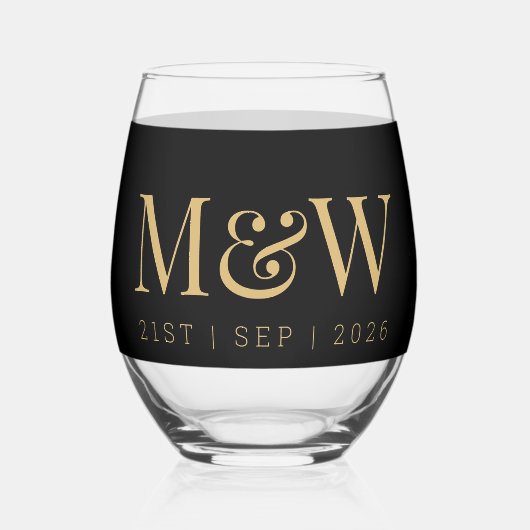 Monogram Paar's Modern Goud Zwart Bruiloft Wijnglas Zonder Voet (Achterkant)