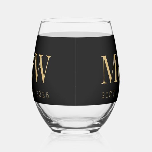 Monogram Paar's Modern Goud Zwart Bruiloft Wijnglas Zonder Voet (Rechts)