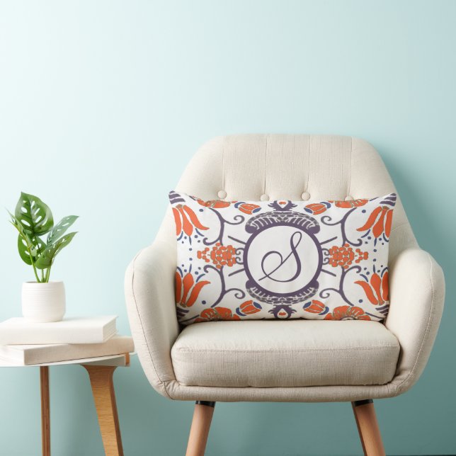 Monogram Paars Oranje Blauw Modern Floral Pillow Kussen (Stoel)