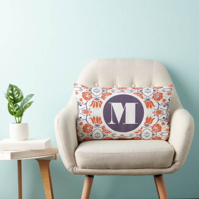 Monogram Paars Oranje Munt Modern Floral Pillow Kussen (Stoel)