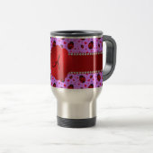 Monogram paars pastel ladybug harten patroon reisbeker (Voorkant rechts)