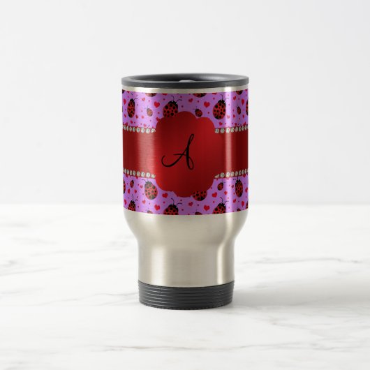 Monogram paars pastel ladybug harten patroon reisbeker (Center)
