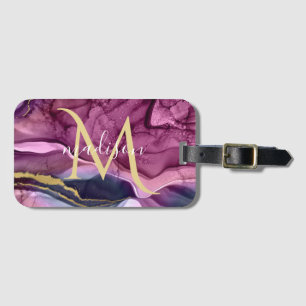 Monogram Paars Roze en Goud Agaat Geode Bagagelabel
