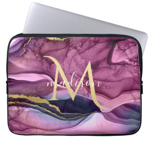 Monogram Paars Roze en Goud Agaat Geode Laptop Sleeve