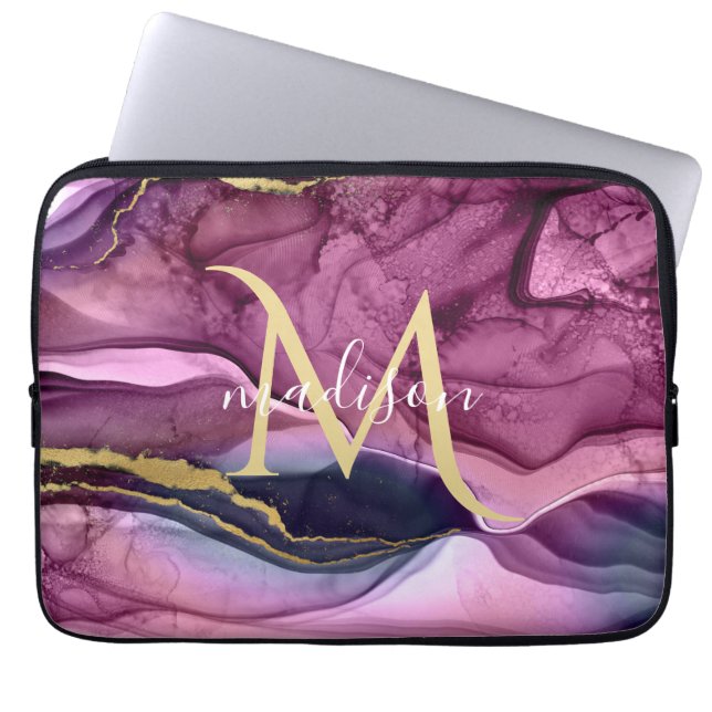 Monogram Paars Roze en Goud Agaat Geode Laptop Sleeve (Voorkant)