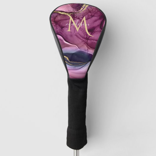 Monogram Paars Roze en Goud Agate Geode Golf He Golfheadcover (Voorkant)