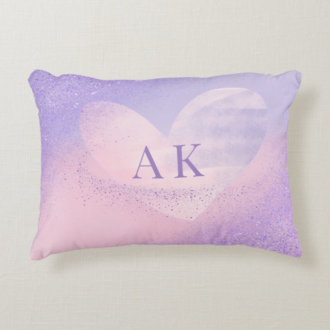 Monogram Paars Roze Gradiënt Hart Accent Kussen (Voorkant)