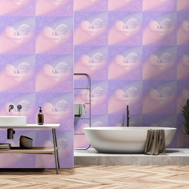 Monogram Paars Roze Gradiënt Hart  Behang (Badkamer)