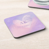 Monogram Paars Roze Gradiënt Hart Bier Onderzetter (Linkerzijde)