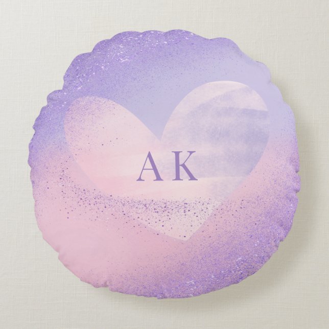 Monogram Paars Roze Gradiënt Hart Rond Kussen (Voorkant)