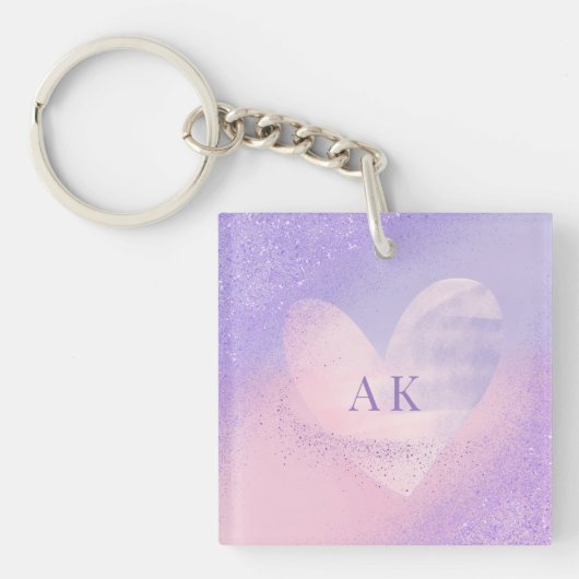 Monogram Paars Roze Gradiënt Hart Sleutelhanger (Voorkant)
