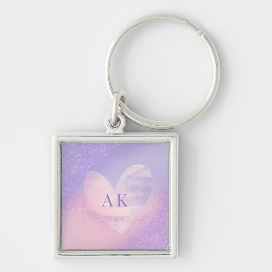 Monogram Paars Roze Gradiënt Hart Sleutelhanger (Voorkant)
