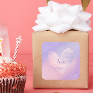 Monogram Paars Roze Gradiënt Hart Vierkante Sticker