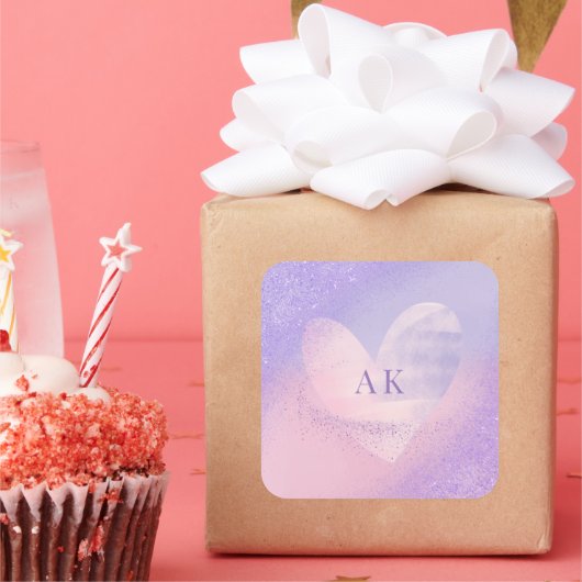 Monogram Paars Roze Gradiënt Hart Vierkante Sticker (Feest)