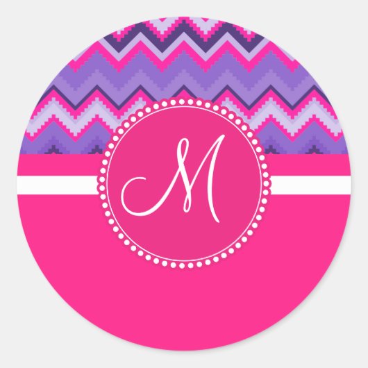 Monogram Paars Roze Tribal Chevron Zig Zags Ronde Sticker (Voorkant)