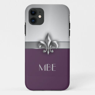Monogram Paars Silver Faux Metal Fleur de Lis Case-Mate iPhone Case