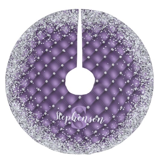 Monogram Paars Tufted Diamond Silver Glitter Glam Kerstboom Rok (Voorkant)