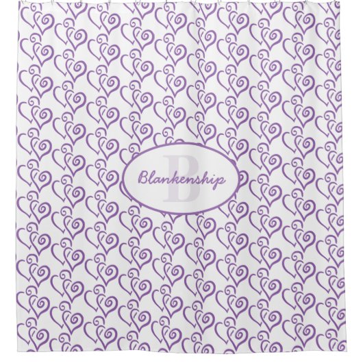 Monogram Paars verbonden hartpatroon over wit Douchegordijn (Voorkant)