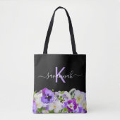 Monogram paars violet zwarte floraalschrift tote bag (Voorkant)