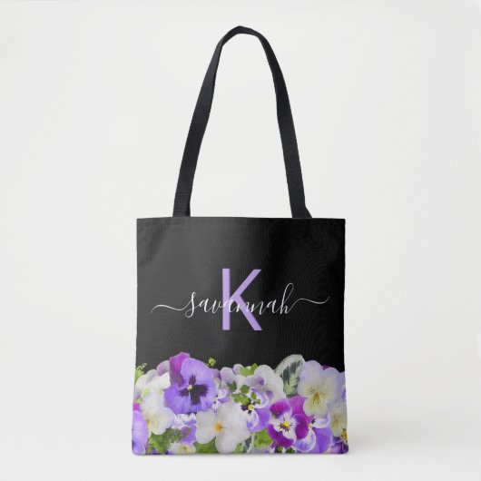 Monogram paars violet zwarte floraalschrift tote bag (Voorkant)
