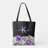 Monogram paars violet zwarte floraalschrift tote bag (Achterkant)