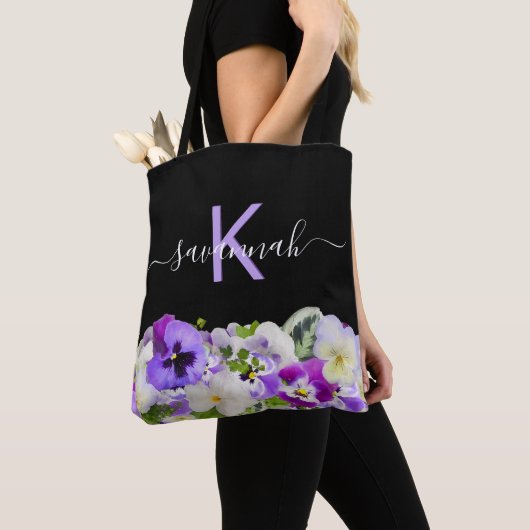 Monogram paars violet zwarte floraalschrift tote bag (Dichtbij)