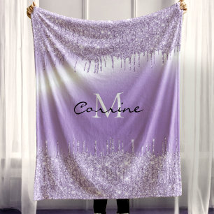 Monogram Paars Violette Druppelende Glitter Metaal Fleece Deken