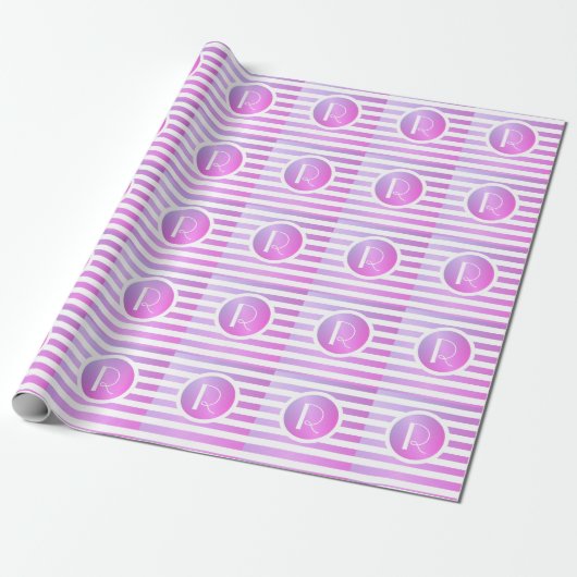 Monogram Paars & Witte Strepen Cadeaupapier (Uitgerold)