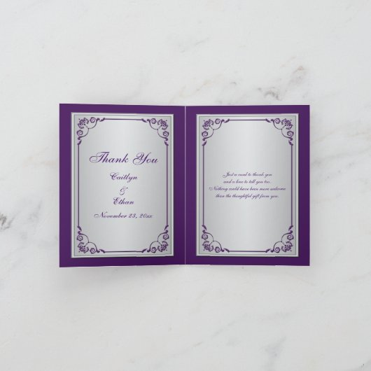 Monogram Paars, Zilver Grijs Bloemen Bedankkaart (Binnen)