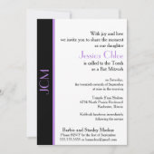 Monogram Paars Zwart Bat Mitzvah Kaart (Voorkant)