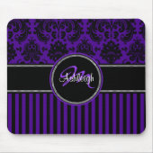 Monogram Paars Zwart Witte Stripe Damask Mousepad Muismat (Voorkant)