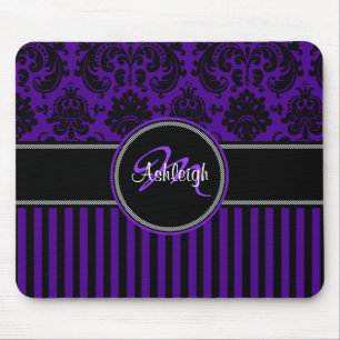 Monogram Paars Zwart Witte Stripe Damask Mousepad Muismat