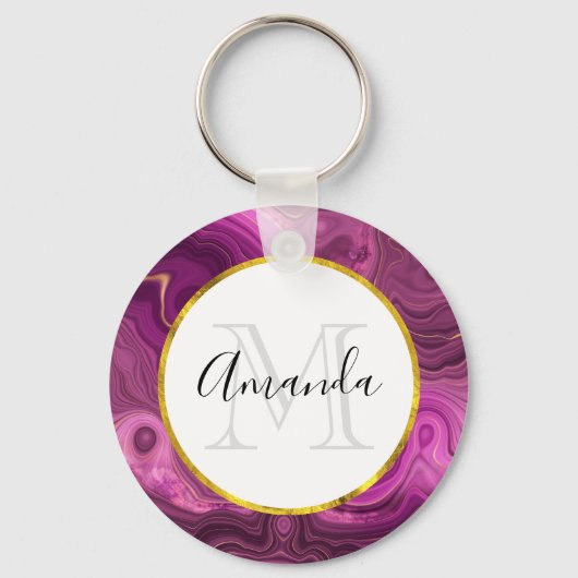 Monogram Paarse Amethyst en Goud Agate Sleutelhanger (Voorkant)