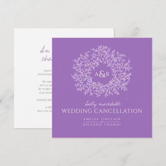 Monogram paarse bladeren trouwfeest annulering aankondiging (Voorkant / Achterkant)