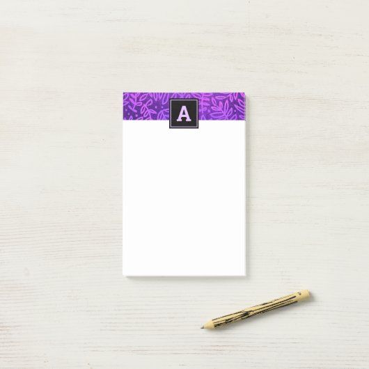 Monogram paarse bladpatroon gebladerte modern vet post-it® notes (Op bureau)