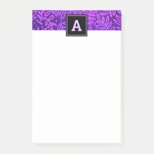Monogram paarse bladpatroon gebladerte modern vet post-it® notes (Voorkant)