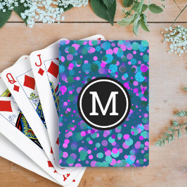 Monogram paarse blauw confetti stippen op blauwgro pokerkaarten