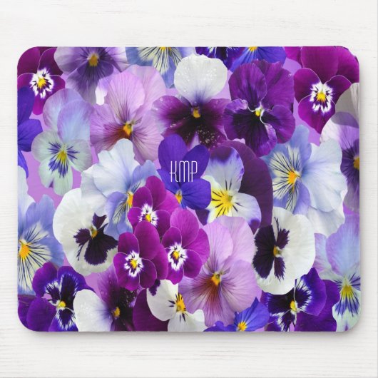 Monogram Paarse Blauwe Blauwe Pansy Floral Flowers Muismat (Voorkant)