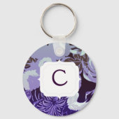 Monogram paarse bloemen en vogels sleutelhanger (Voorkant)