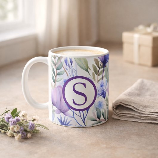 Monogram Paarse Bloemmotief Koffiemok