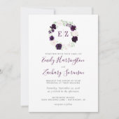 Monogram Paarse Blush Bloemen Bruiloft Kaart (Voorkant)