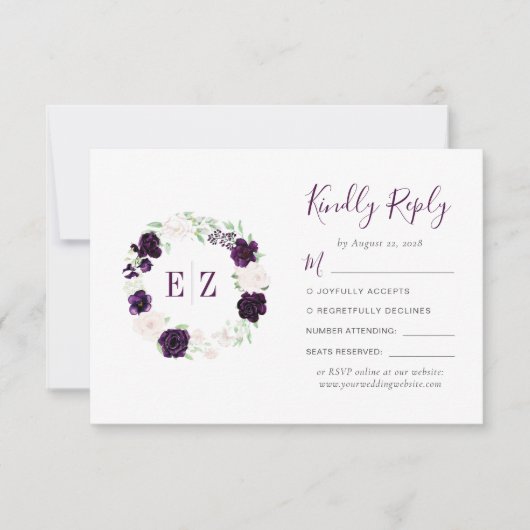 Monogram Paarse Blush Bloemen Krans Bruiloft RSVP Kaartje (Voorkant)