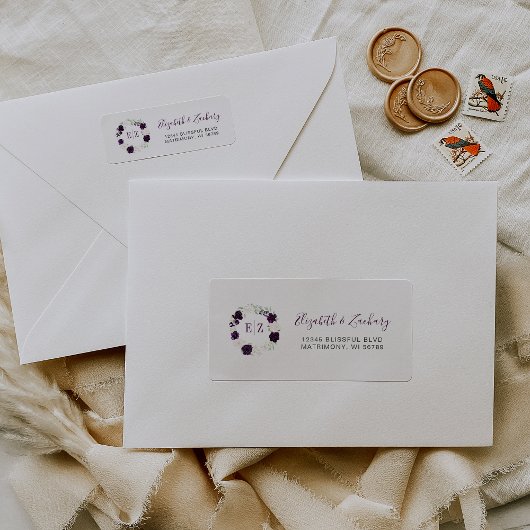 Monogram Paarse Blush Bloemen Krans Retouradres Etiket