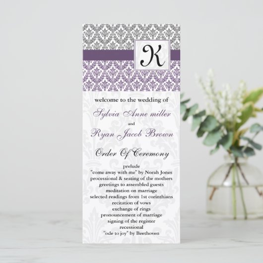 monogram paarse damast Trouwprogramma Programmakaart (Staand voorkant)