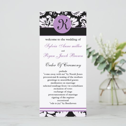 monogram paarse damast Trouwprogramma Programmakaart (Staand voorkant)