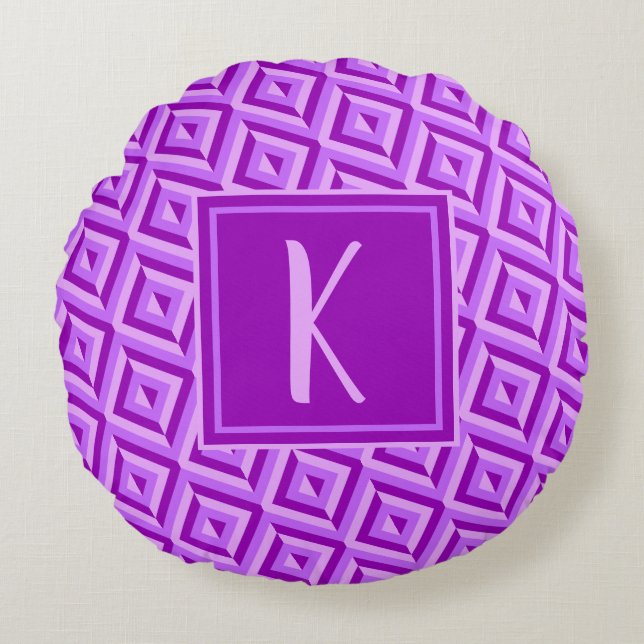 Monogram Paarse driekleurige diamantpatroon Rond Kussen (Voorkant)
