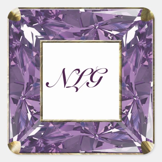 Monogram Paarse Edelsteen Vierkante Sticker (Voorkant)