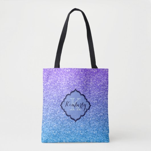 Monogram Paarse en blauwe gradiënt glitter Tote Bag (Voorkant)